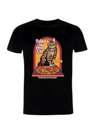T-shirt noir avec un graphique d'un chat tigré et le texte « Parlez à votre chat » accompagné d'un design de tableau de communication en dessous.
