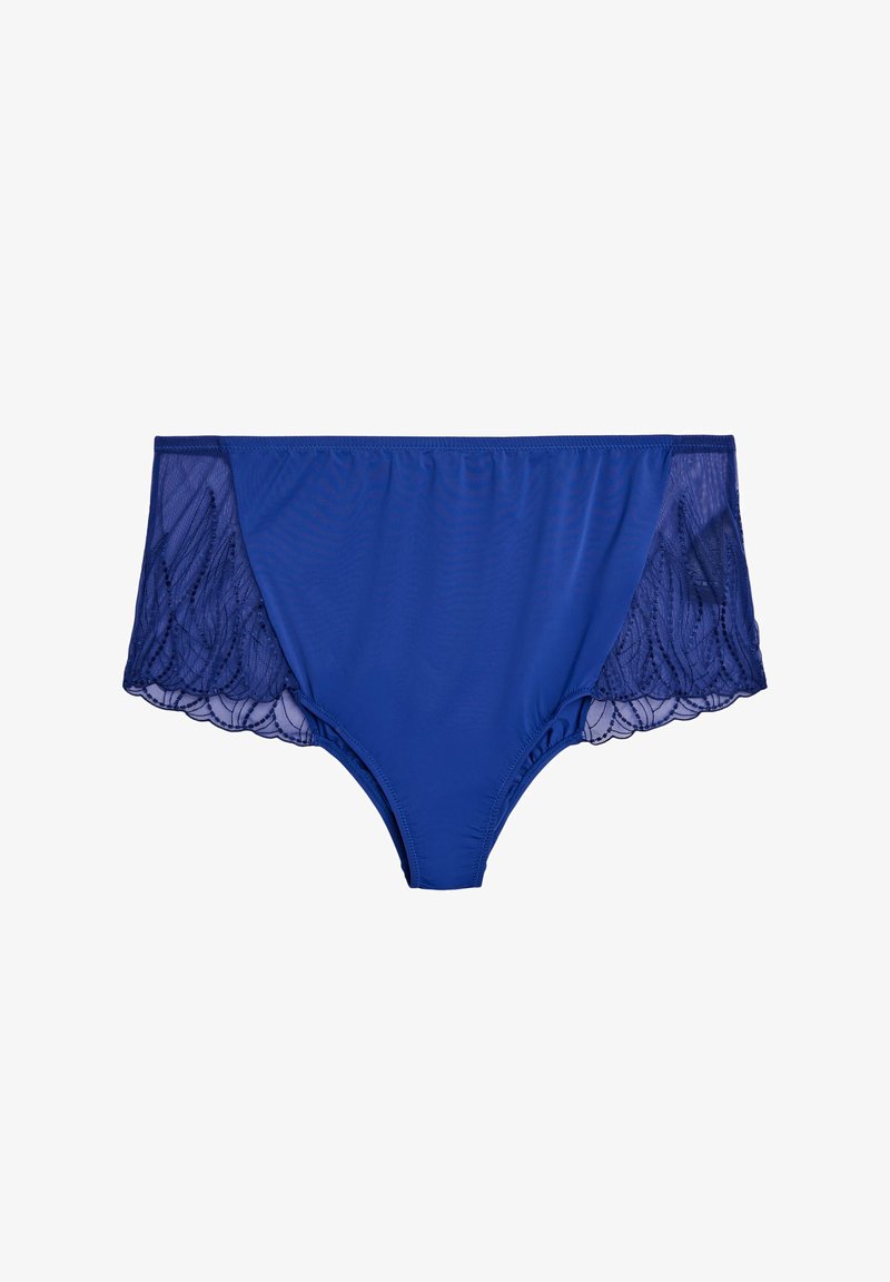 Modre hlačke iz gladkega materiala spredaj in prosojnimi čipkastimi stranskimi paneli z valovitim vzorcem. Elastičen pas za podporo.