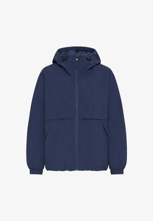 Navyblauwe hooded jack met een rits aan de voorkant, elastische manchetten en een ontwerp met twee panelen. Gemaakt van lichtgewicht materiaal met zijzakken.