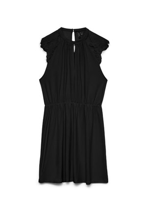 Schwarzes ärmelloses Kleid mit Spitzenärmeln, geraffter Taille, Schlüssellochausschnitt und Knopfverschluss am hinteren Kragen.