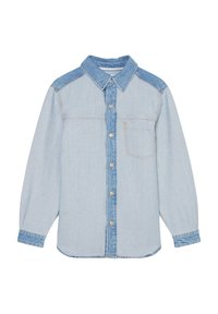 Vaaleansininen denimi-paita, jossa on pitkät hihat, terävä kaulus, etutasku ja nappikiinnitys. Sisältää kontrastiväriset siniset olkapaneelit.