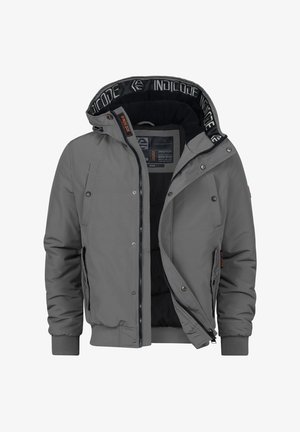 Giacca imbottita grigia con chiusura a zip e bottoni a pressione, dotata di cappuccio e rivestimento in pile nero, decorata con una fascia logo interna e tasche laterali.