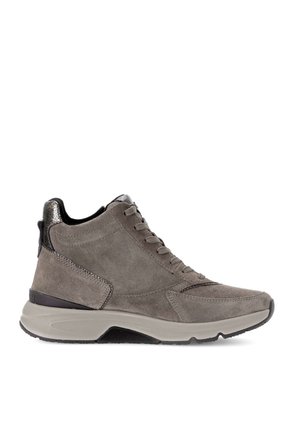Gray suede high-top sneaker with lace-up closure, thick white sole, and black heel and toe accents against a white background.