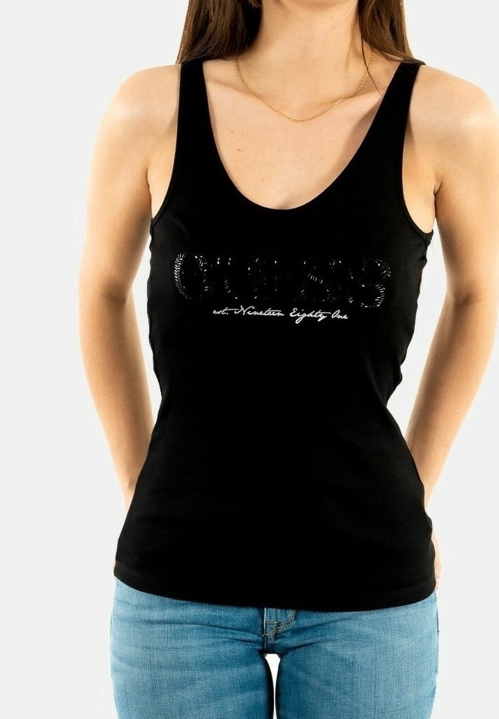 Débardeur noir à larges bretelles et encolure dégagée, avec un texte en écriture blanche sur le devant. Design ajusté avec texture côtelée.