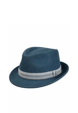 Blue felt fedora hat with a gray fabric band and a small round metal emblem on the side.