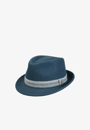 Blue felt fedora hat with a gray fabric band and a small round metal emblem on the side.