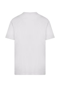 Vienkārša baltā T-krekla ar īsām piedurknēm aizmugures skats, ar apaļu kakla izgriezumu un bez redzamām zīmēm vai dizainiem.