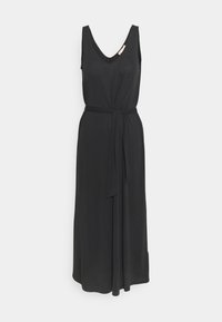 Robe maxi noire sans manches avec un décolleté en V, dotée d'un détail de taille à nouer et d'un tissu fluide. Design simple et polyvalent.