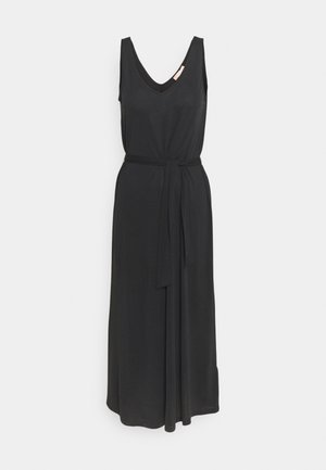 Black, sleeveless maxi dress with a V-neckline, featuring a tie waist detail and flowing fabric. Simple and versatile design.