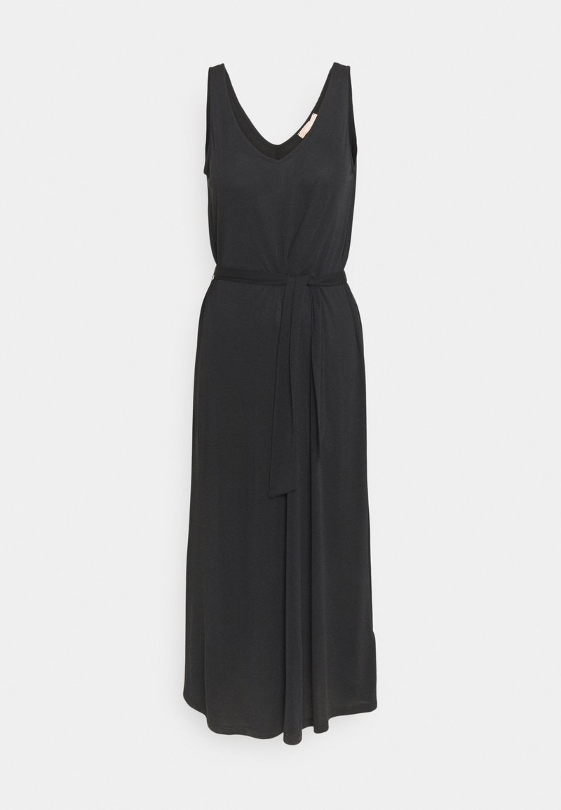 Robe maxi noire sans manches avec un décolleté en V, dotée d'un détail de taille à nouer et d'un tissu fluide. Design simple et polyvalent.