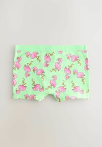 Mintgrøn boxershorts med et gentaget mønster af pink flamingoer og orange detaljer. Lavet af blødt stof med en behagelig talje.