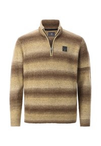 Gestrickter Pullover mit einem Viertel-Reißverschluss am Kragen, der horizontale Streifen in Beige- und Brauntönen, gerippte Bündchen und Saum sowie ein kleines Logo-Patch aufweist.