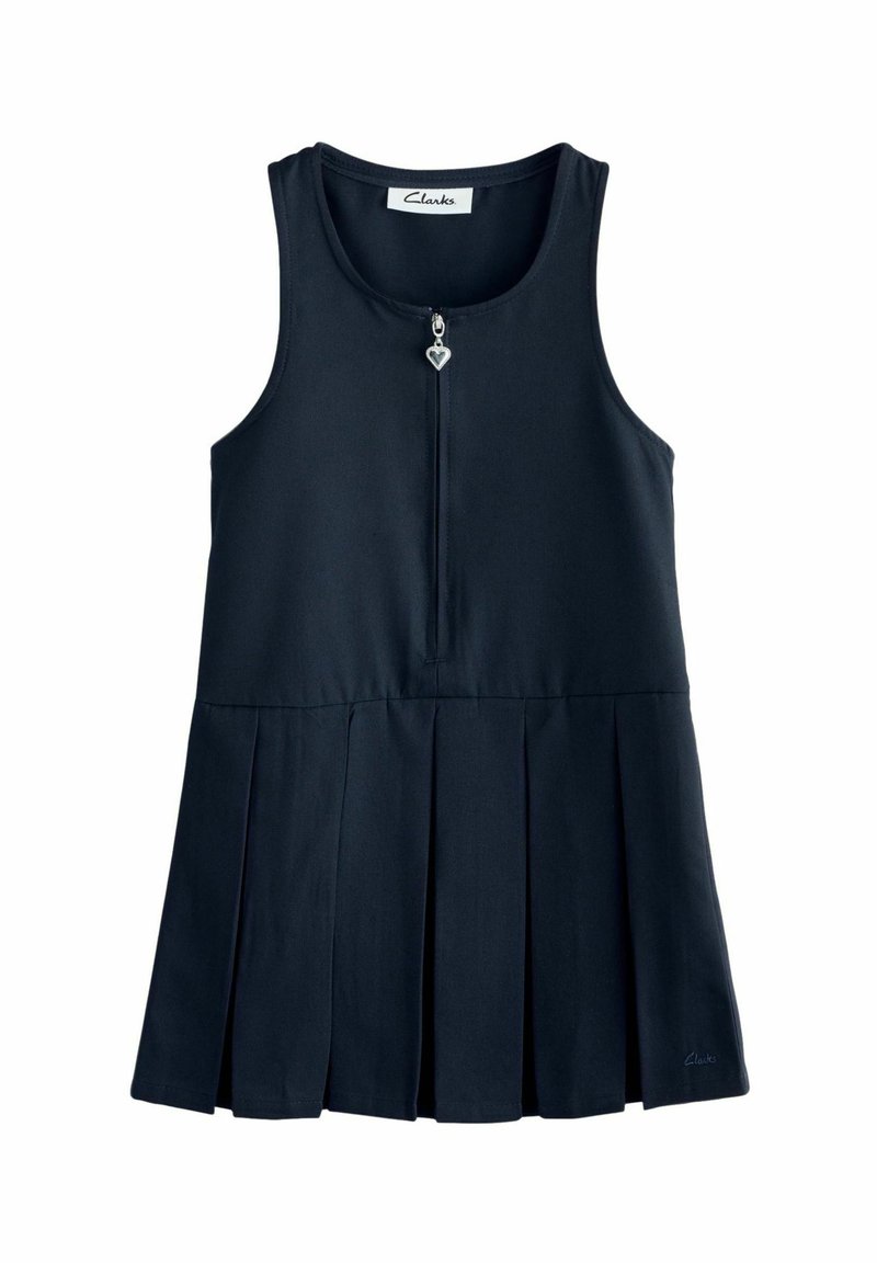 Marineblaues ärmelloses Kleid mit einem plissierten Rock, ausgestattet mit einem Reißverschluss mit einem herzfömigen Ziehverschluss und einem Clarks-Label am Hals.
