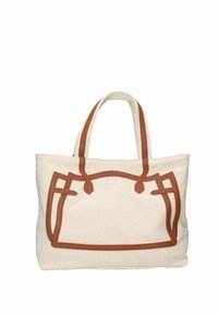 Sac en toile avec des accents en cuir marron, arborant deux poignées et un design linéaire simple dans une couleur marron contrastante.