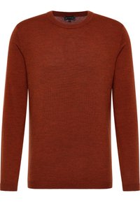Maglione color ruggine realizzato in morbido tessuto a maglia. Presenta un collo rotondo e maniche lunghe con polsini e orlo a costine.