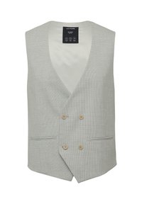 Gilet gris clair avec un motif texturé, décolleté en V, fermeture à double boutonnage et deux poches latérales.