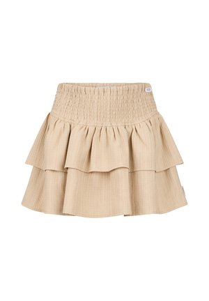 Beżowa mini spódnica na warstwy z elastycznym marszczonym pasem i pomarszczoną fakturą, zaprojektowana do noszenia na co dzień.