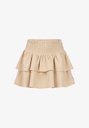 Mini-jupe beige à couches avec une ceinture élastique froncée et une texture froissée, conçue pour un usage décontracté.