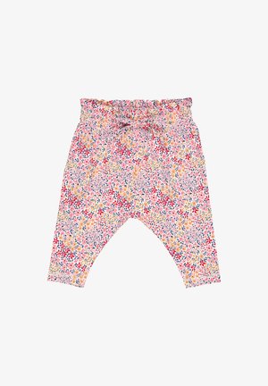 Hosen für Kleinkinder mit floralem Muster in Pink, ausgestattet mit einem gerafften, elastischen Bund und schmal zulaufendem, weichem Stoff für Komfort und Bewegungsfreiheit.