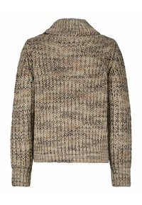 Chunky knit sweater in mixed beige, brown, and cream tones with a ribbed high collar and long sleeves, shown from the back.