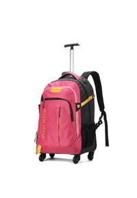 Zaino rotolante con tessuto rosa e nero, due scomparti con zip, dettagli gialli, manico telescopico e quattro ruote per la mobilità.