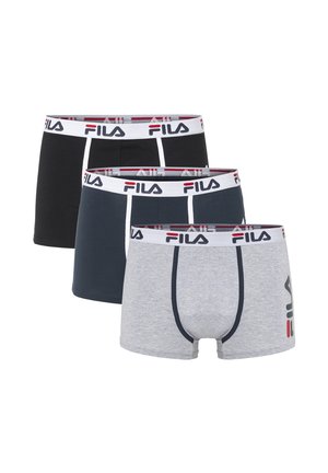 Drei Paar Herren-Boxershorts in Schwarz, Navy und Grau mit weißen elastischen Bundbändern mit FILA-Logos.