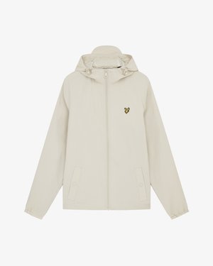 Lysebeige jakke med lynlås, justerbar hætte, elastiske manchetter og forlommer med trykknapper. Har en lille gul sommerfuglelogo på brystet.