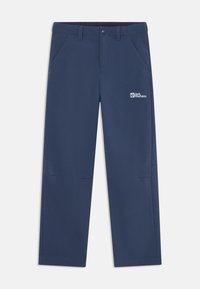 Navy outdoor pants with a smooth texture, featuring two side pockets, one rear pocket, and a logo on the right thigh.