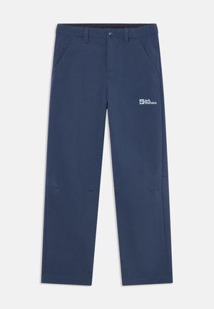 Navy outdoor pants with a smooth texture, featuring two side pockets, one rear pocket, and a logo on the right thigh.