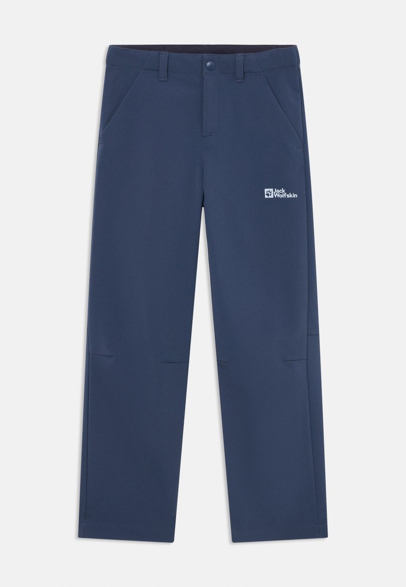 Navy outdoor pants with a smooth texture, featuring two side pockets, one rear pocket, and a logo on the right thigh.