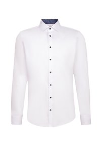 Witte longsleeve shirt met een klassieke kraag, zwarte knopen en een gestreepte marineblauwe binnenkraag. Glad materiaal met een aansluitende pasvorm.