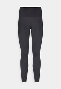 Leggings negros hechos de tela elástica, con una cinturilla ancha, piernas ajustadas y bolsillos laterales para almacenar. Textura suave en general.