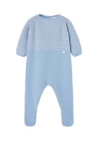 Monos de bebé de punto en azul claro con rayas horizontales blancas, cuello redondo, mangas cortas y un acento de botón cerca del dobladillo.