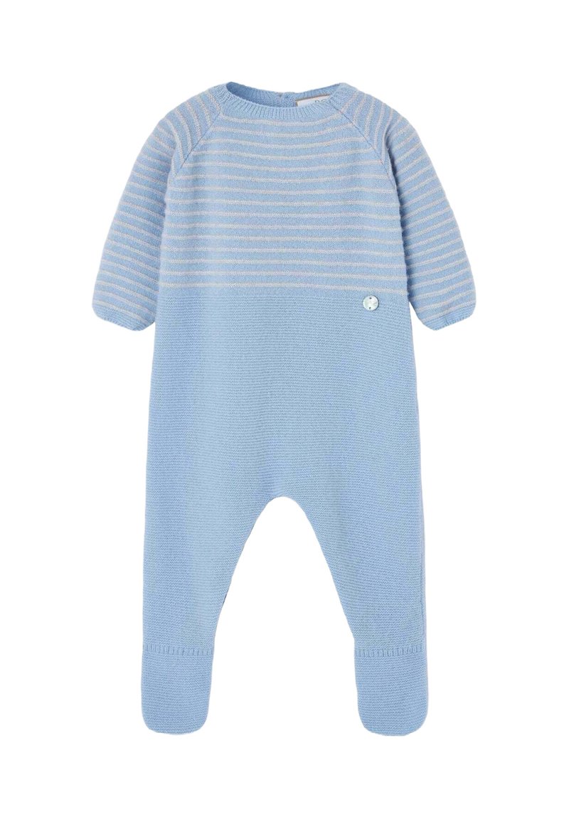 Monos de bebé de punto en azul claro con rayas horizontales blancas, cuello redondo, mangas cortas y un acento de botón cerca del dobladillo.