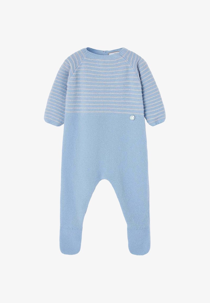 Monos de bebé de punto en azul claro con rayas horizontales blancas, cuello redondo, mangas cortas y un acento de botón cerca del dobladillo.