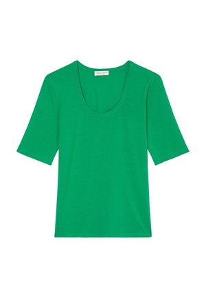 Effen groene T-shirt met korte mouwen en ronde hals, gemaakt van gladde stof, plat gelegd tegen een witte achtergrond met zichtbaar Marc O'Polo-label in de kraag.