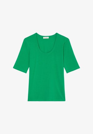 T-shirt vert uni à manches courtes avec encolure arrondie, en tissu lisse, posé à plat sur fond blanc avec une étiquette Marc O'Polo visible à l'intérieur du col.