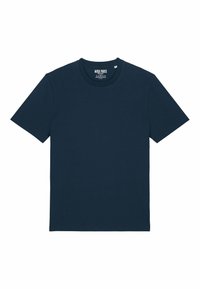 T-shirt en coton bleu marine avec un col rond et des manches courtes. Simple, de couleur unie, texture plate, sans motifs ni accents visibles.