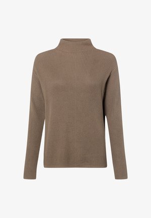 Gebreide trui met een hoge hals, uitgevoerd in een getextureerd, geribbeld patroon in een gedempte bruine kleur. Lange mouwen en een losse pasvorm.