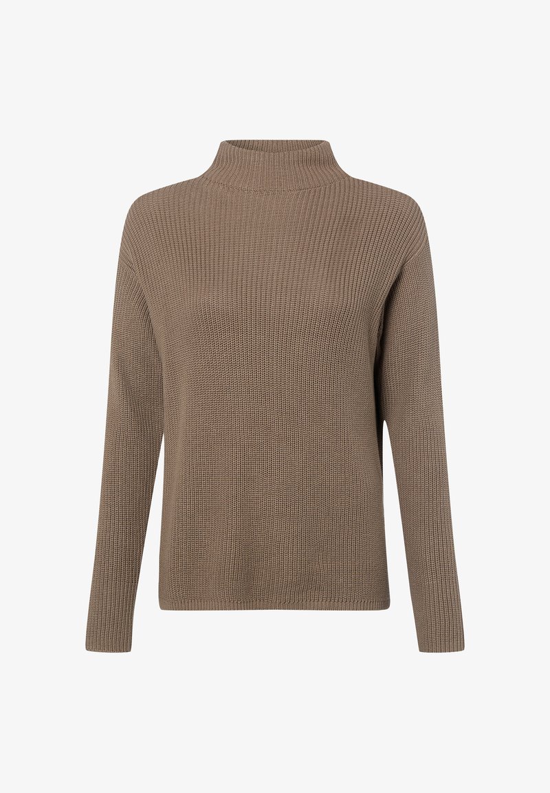 Gebreide trui met een hoge hals, uitgevoerd in een getextureerd, geribbeld patroon in een gedempte bruine kleur. Lange mouwen en een losse pasvorm.