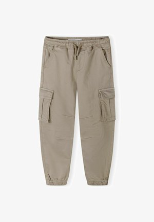 Pantaloni cargo bej cu talie elastică și șnur, având două buzunare frontale și două buzunare laterale cargo, confecționați dintr-un material durabil.