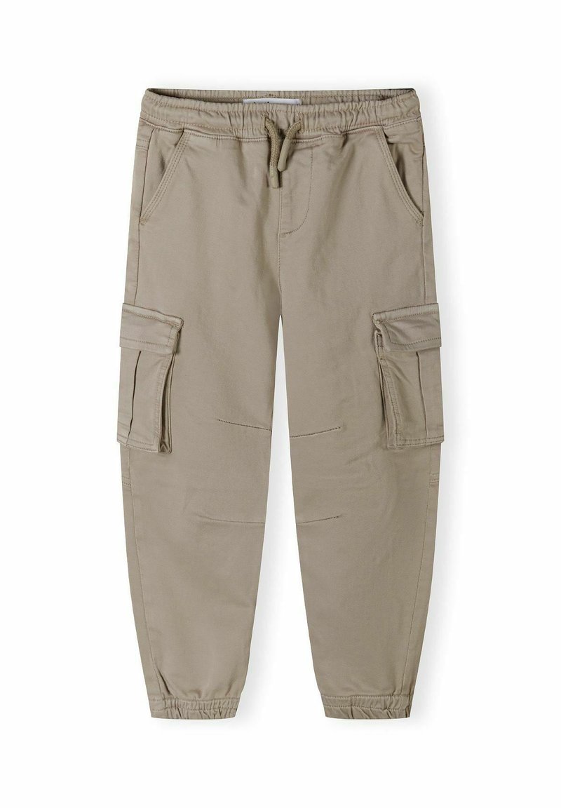 Beige cargobroek met een elastische tailleband en trekkoord, voorzien van twee voorkruipzakken en twee zijvakken, gemaakt van duurzaam materiaal.