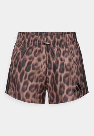 Kratke hlače s uzorkom leoparda, elastičnim pojasom i vezicama, u nijansama smeđe i crne boje s crnim logotipom.
