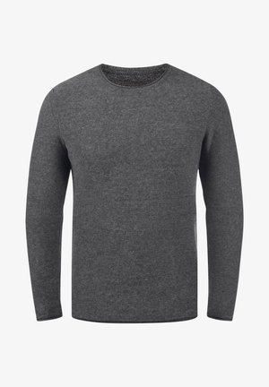 Grå langermet genser laget av teksturert strikket materiale, med klassisk rund hals og ribbestrikkede mansjetter og nederkant.