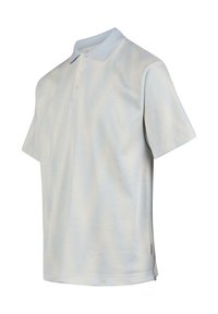 Hellblaues Poloshirt aus strukturierter Stoff, mit klassischem Kragen, Drei-Knopf-Leiste und subtilen horizontalen Streifen.