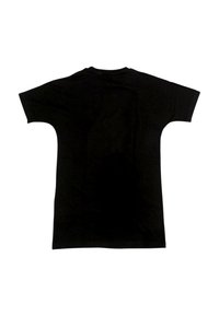 T-shirt nera a maniche corte, con scollatura rotonda e una texture liscia. Il design è semplice, senza fantasie o dettagli aggiuntivi.