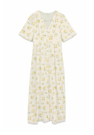Robe midi crème avec manches courtes volantées, encolure en V et motif floral jaune.