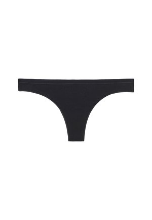 Tanga de algodón negro con una textura suave, costuras mínimas y un corte clásico. Sin patrones ni acentos adicionales presentes.
