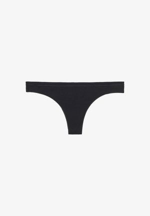 Black cotton thong underwear with a smooth texture, minimal seams, and a classic cut. No patterns or additional accents present.
