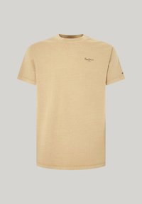 Beige bomull t-shirt med rund hals, korta ärmar och en liten logga på bröstet. Slät textur och avslappnad passform, minimalistisk design.